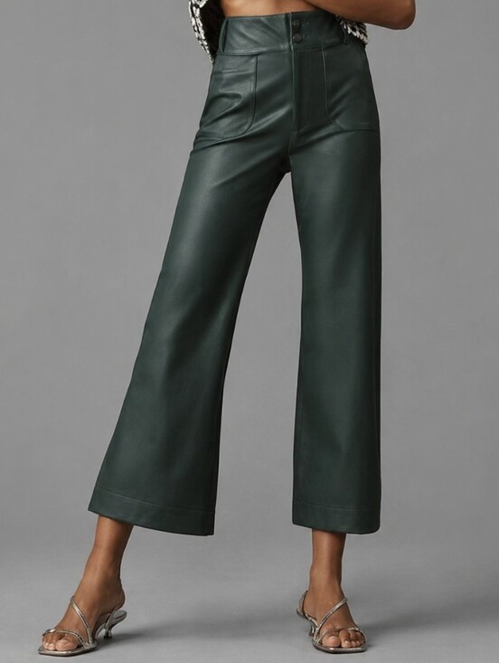 Maeve Pants - Maeve The Colette Faux Leather Green Stretch Wide Leg Pants Cropped Size 28